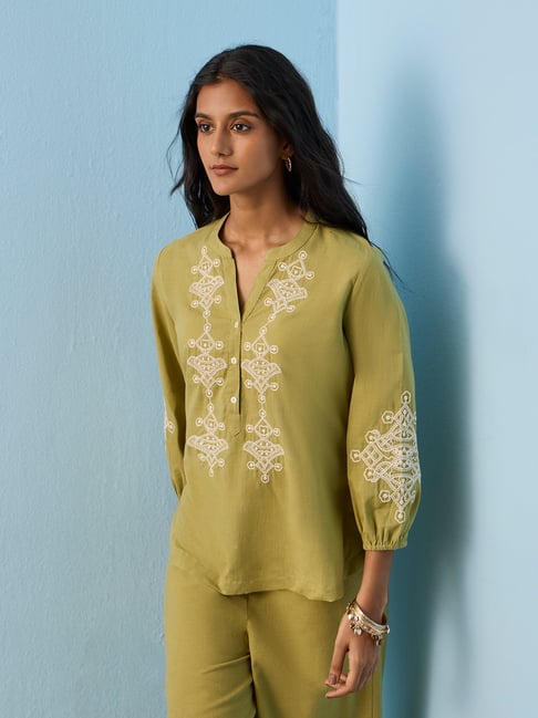 Utsa by Westside Green Embroidered Cotton Tunic-picture-37