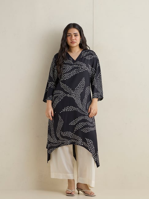 Diza by Westside Black Botanical Printed A-Line Kurta-picture-12