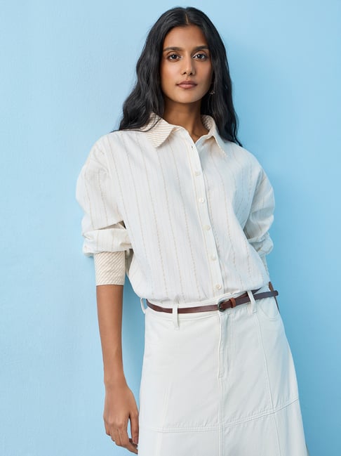 LOV by Westside Light Beige Striped Cotton Shirt-picture-37
