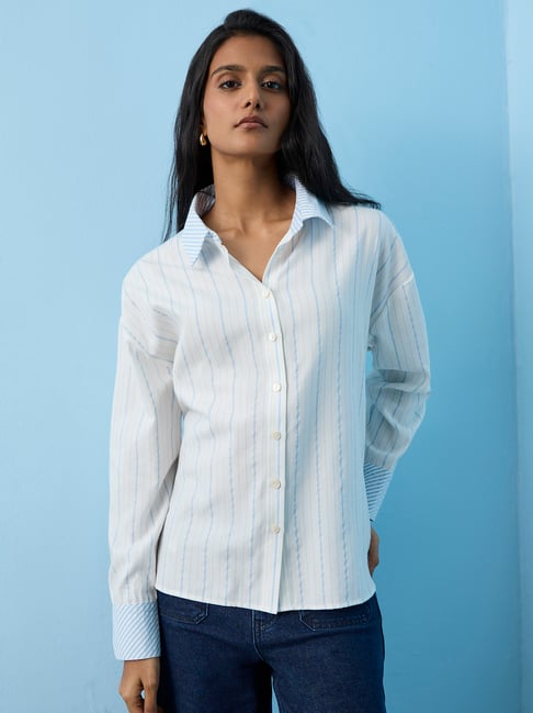 LOV by Westside Blue Striped Cotton Shirt-picture-15
