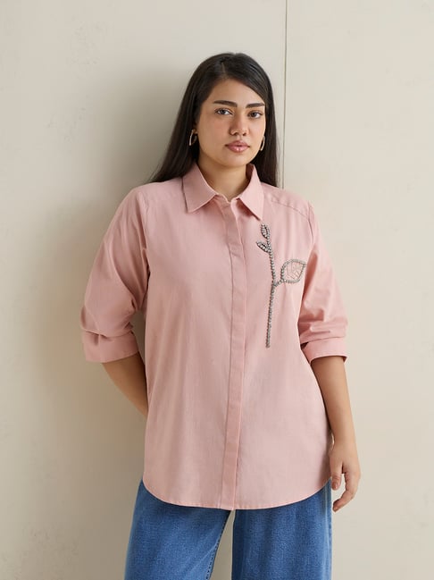 Gia by Westside Pink Floral Embellished Cotton-Blend Shirt-picture-29