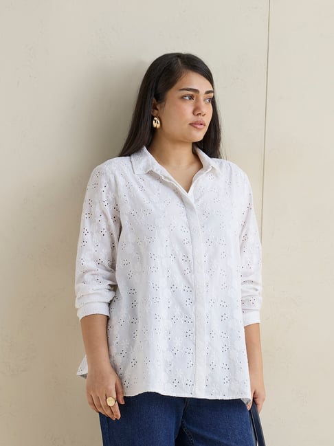 Gia by Westside White Schiffli Embroidered Cotton Shirt-picture-24