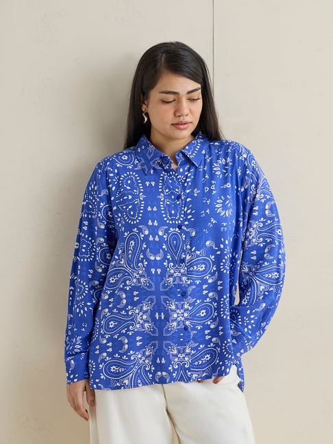 Gia by Westside Blue Paisley Printed Cotton Shirt-picture-27