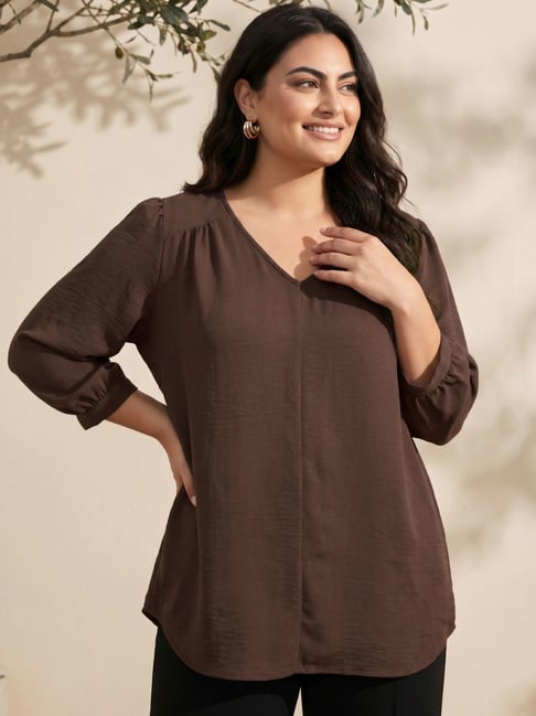 Globus Gloplus Women Brown Self Design V-Neck Gathered Detail Plus Size Workwear Top