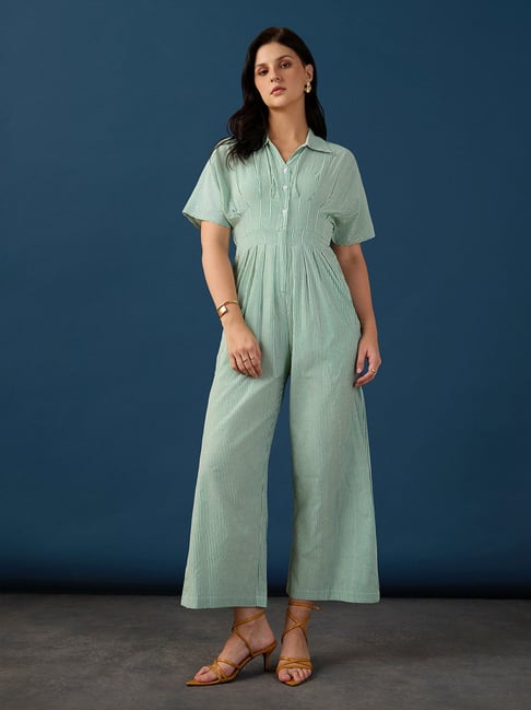 Globus Women Green Shirt Collar Extended Sleeves Striped Button Detail Wide Leg Workwear Jumpsuit-image-17