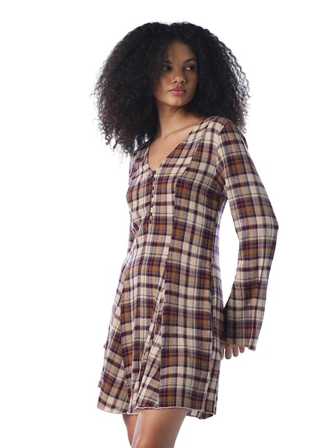 Only Brown Cotton Checked Dress