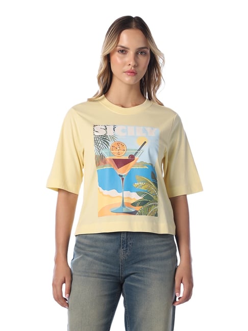 Only Yellow Cotton Printed T-Shirt