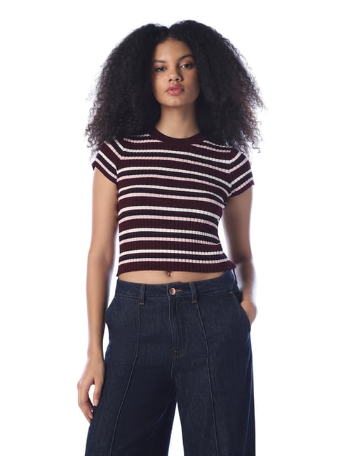 Only Brown Slim Fit Cotton Striped Top