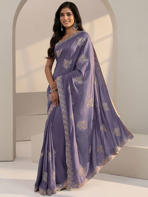 Libas Womens Lavender Regular Fit Floral Satin Saree-image-28