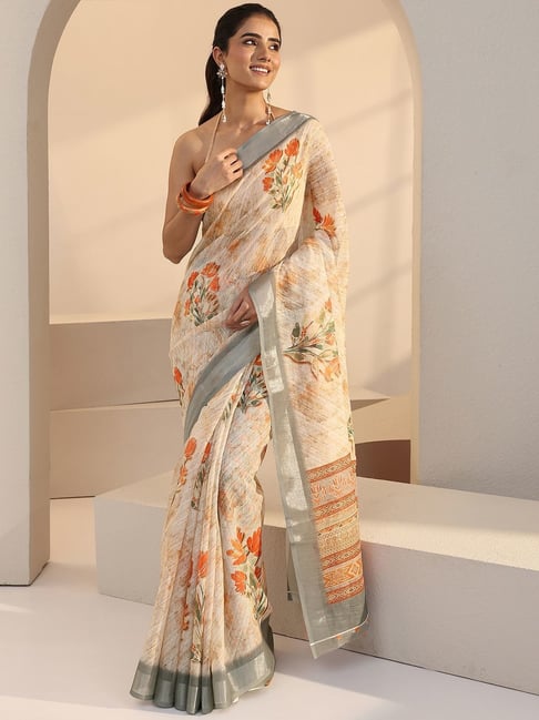 Libas Womens Cream Regular Fit Floral Saree-picture-14