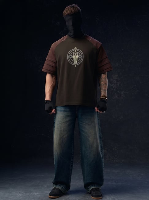the souled store brown cotton loose fit embroidered t-shirt