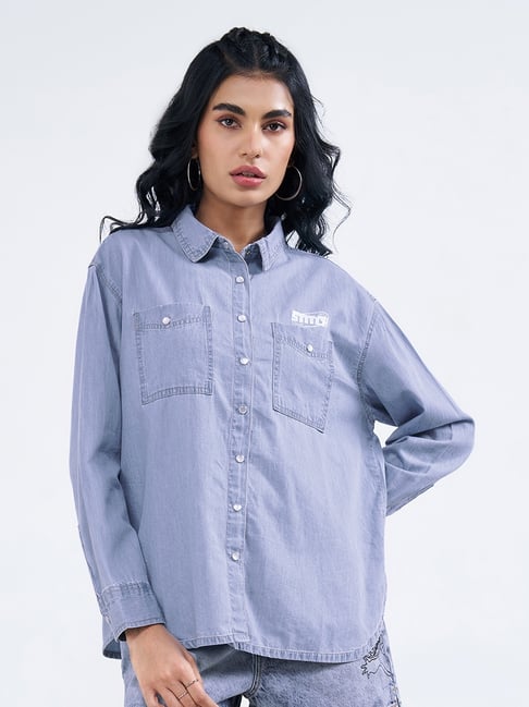SF Jeans by Pantaloons Light Blue Stitch Denim Shirt-picture-38