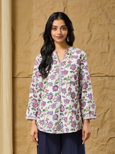 Fabindia White & Pink Regular Fit Printed Kurti-picture-19