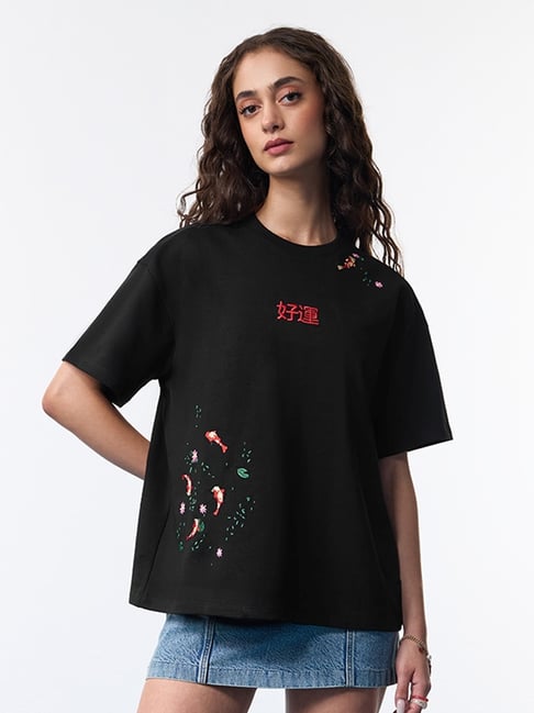 The Souled Store Black Cotton Embroidered T-Shirt-picture-34