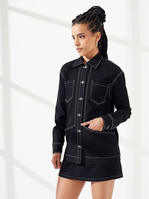 Dolce Crudo Women's Black Relaxed Fit Solid Denim Jacket-picture-41