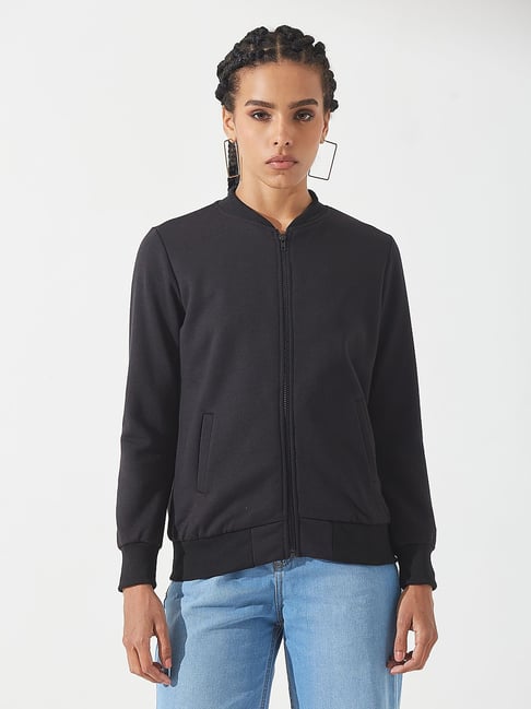 Dolce Crudo Women's Black Relaxed Fit Solid Bomber Jacket-picture-10