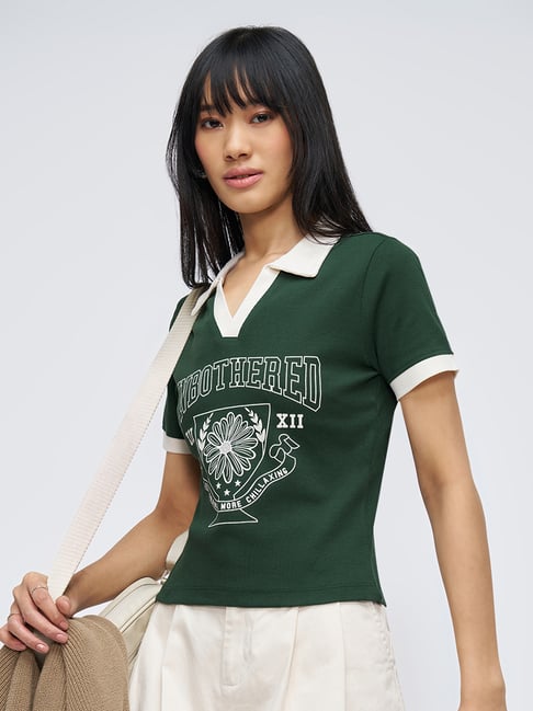 People By Pantaloons Dark Green Graphic Print Polo T-Shirt