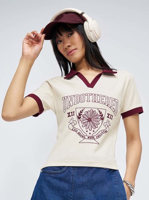 People By Pantaloons Cream Graphic Print T-Shirt
