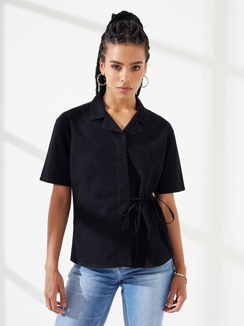 Dolce Crudo Women's Black Relaxed Fit Solid Denim Shirt-picture-47