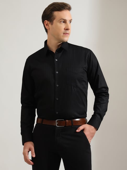 Hancock Black Cotton Slim Striped Formal Shirt-picture-32