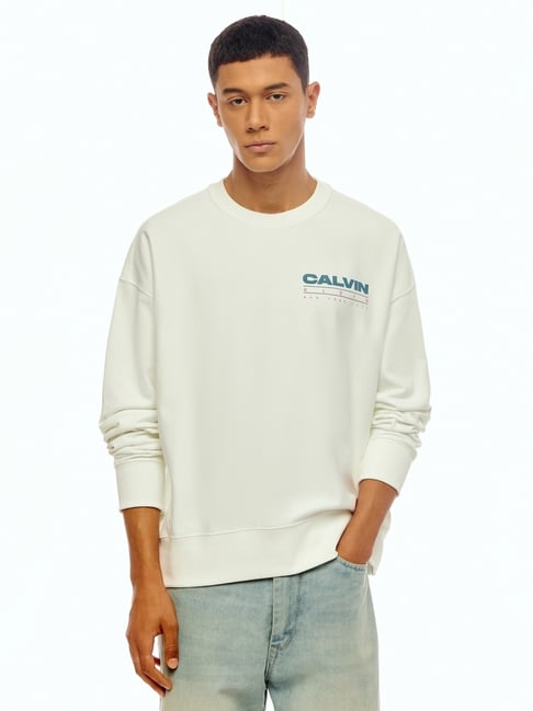 Calvin Klein Jeans Mens White Relaxed Logo Cotton Sweatshirt-picture-47