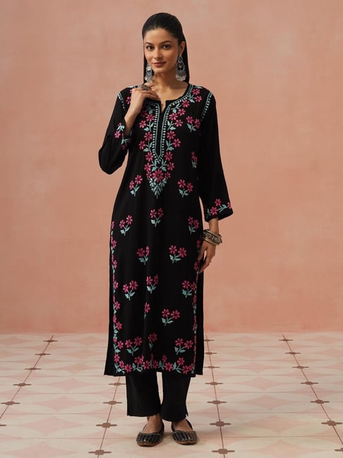 House of Chikankari Black Straight Fit Embroidered Kurta-picture-20