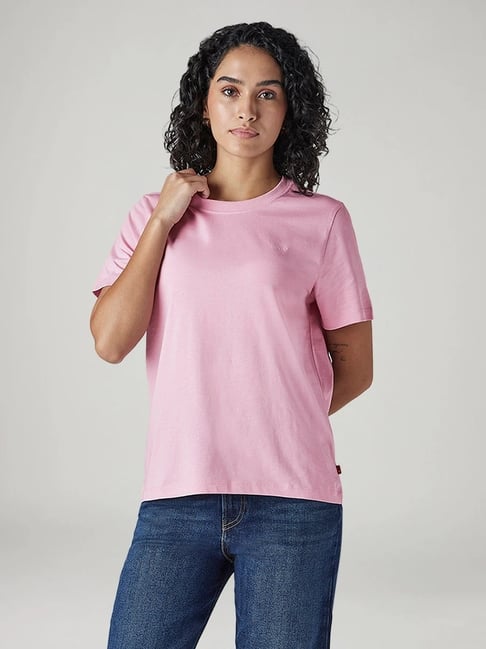 Levi's Women's Pink Regular Fit Solid Cotton Crew T-shirt