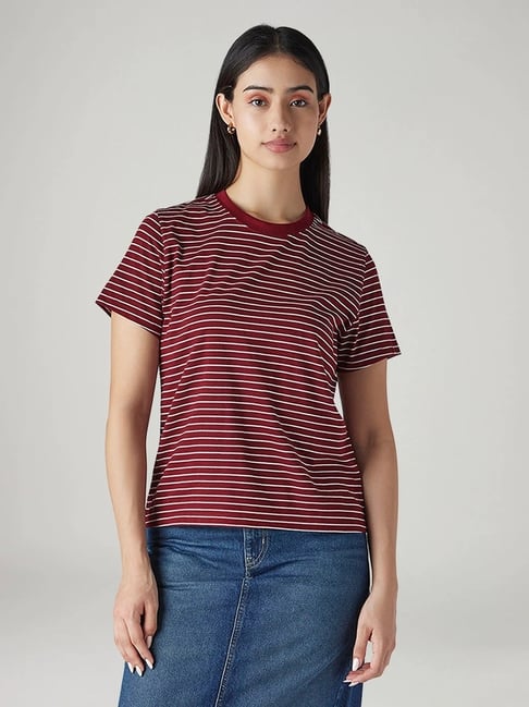 Levi's Women's Maroon Regular Fit Striped Crew T-shirt