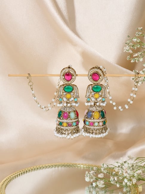 Zaveri Pearls Multicolor Stones Beads Diamonds Antique Plating Ear Chain Jhumka Earrings for Women-picture-13