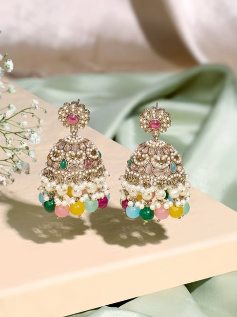 Zaveri Pearls Multicolor Stones & Beads Embellished Antique Statement Jhumka Earrings for Women-picture-27