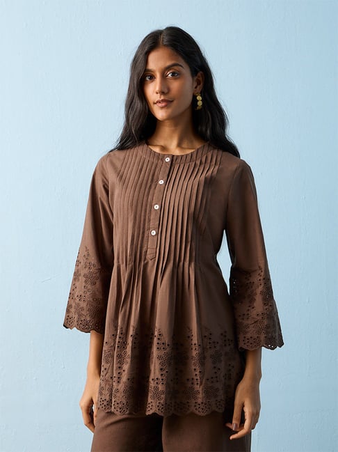 Utsa by Westside Brown Schiffli Design Cotton Tunic-picture-32