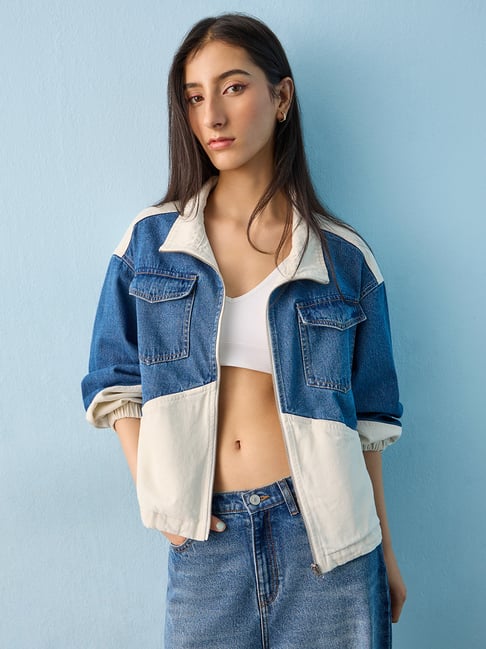 nuon women Nuon by Westside Blue Colour-Blocked Denim Jacket-picture-40