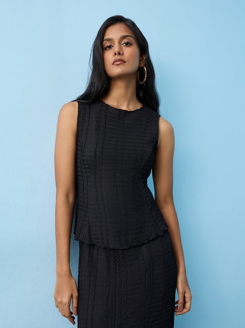LOV by Westside Black Textured Peplum Top-picture-17