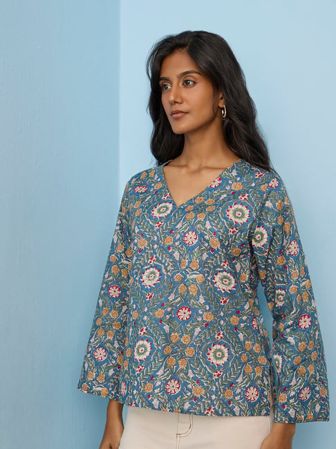 Utsa by Westside Blue Floral Printed Cotton Tunic-picture-19