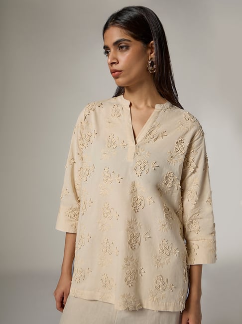 Zuba by Westside Cream Floral Embroidered Cotton Tunic-picture-48