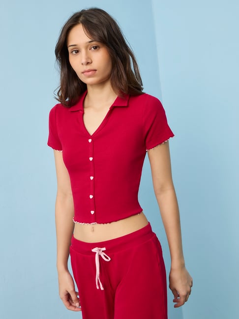 superstar by westside red ribbed-textured cotton-blend top