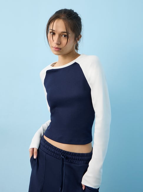 nuoflexx women Nuoflexx by Westside Navy Colour-Blocked Cotton T-Shirt-picture-29