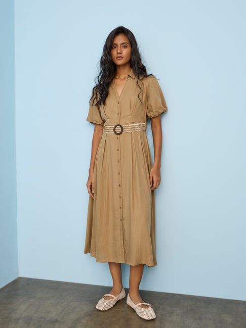 LOV by Westside Dark Beige Linen-Blend A-Line Dress with Belt-picture-30