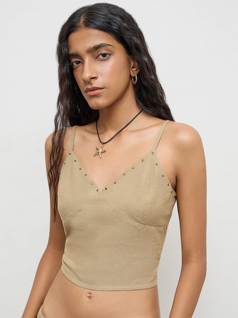 Nuon by Westside Khaki Embellished Linen Top