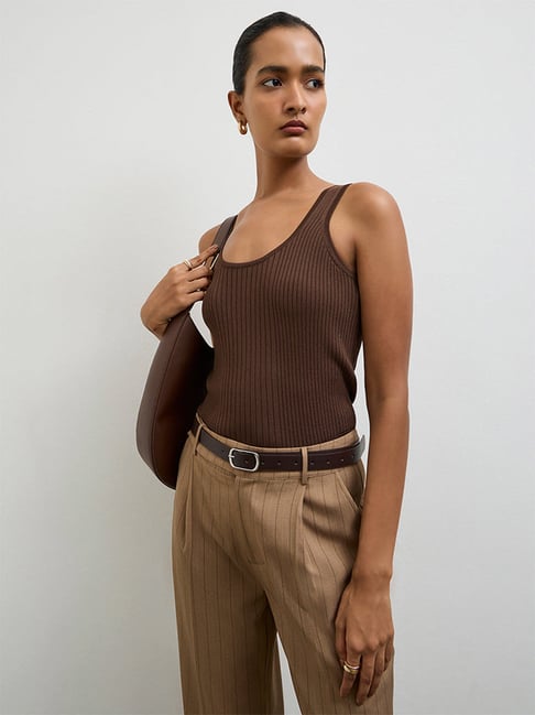 Wardrobe by Westside Dark Brown Ribbed Tank Top