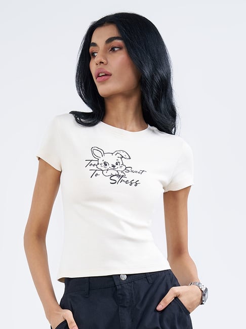 People By Pantaloons Off White Cotton Slim Fit Printed T-Shirt