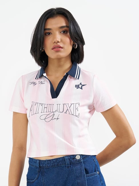 People By Pantaloons Barely Pink Cotton Slim Fit Striped Polo T-Shirt