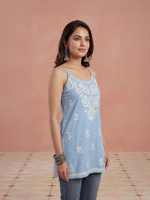 House Of Chikankari Women Light Blue Rayon Chikankari Short Kurta-picture-32