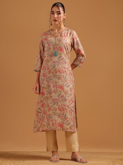 Soch Womens Beige Straight Fit Printed Linen Kurta-picture-30