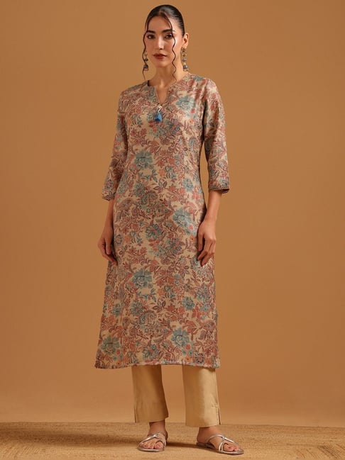Soch Womens Beige Straight Fit Printed Linen Kurta-picture-34