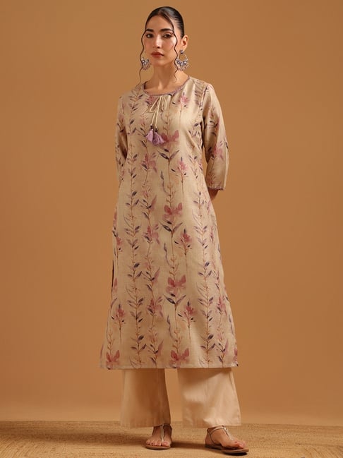 Soch Womens Beige Straight Fit Printed Linen Kurta-picture-36