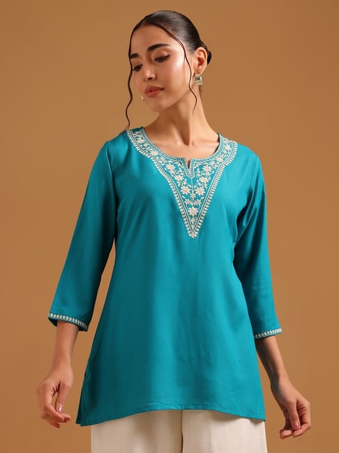 Soch Womens Green Straight Fit Embroidered Viscose Tunic-picture-10