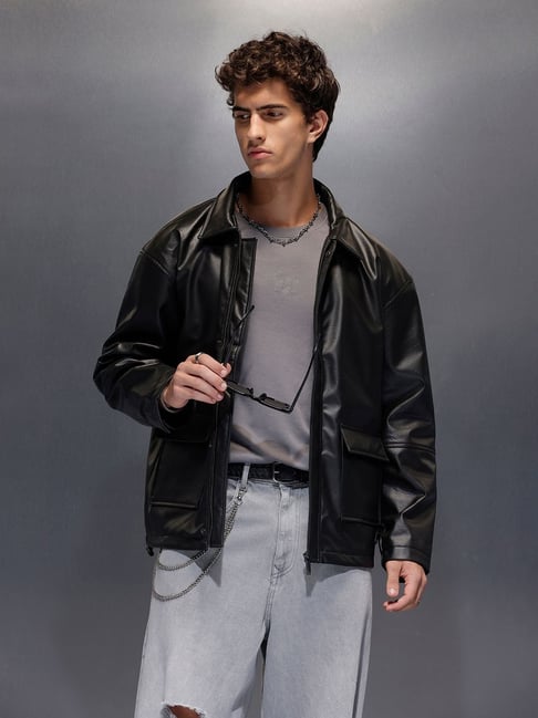 WROGN Mens Black Relaxed Fit Solid PU Jacket-picture-12