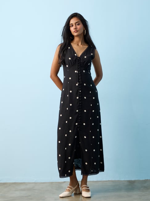 LOV by Westside Black Polka Dot Printed Linen-Blend A-Line Dress-picture-18