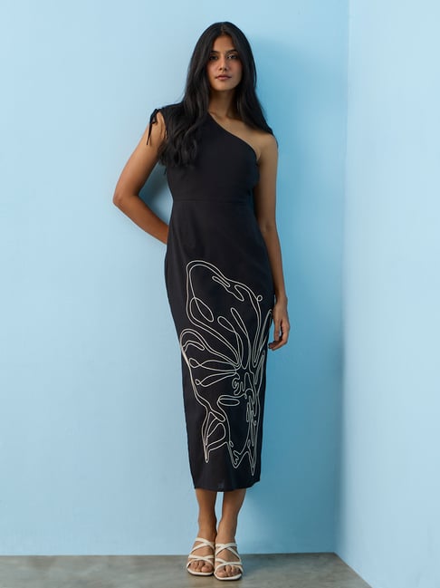 LOV by Westside Black Floral Embroidered Cotton-Blend A-Line Dress-picture-19